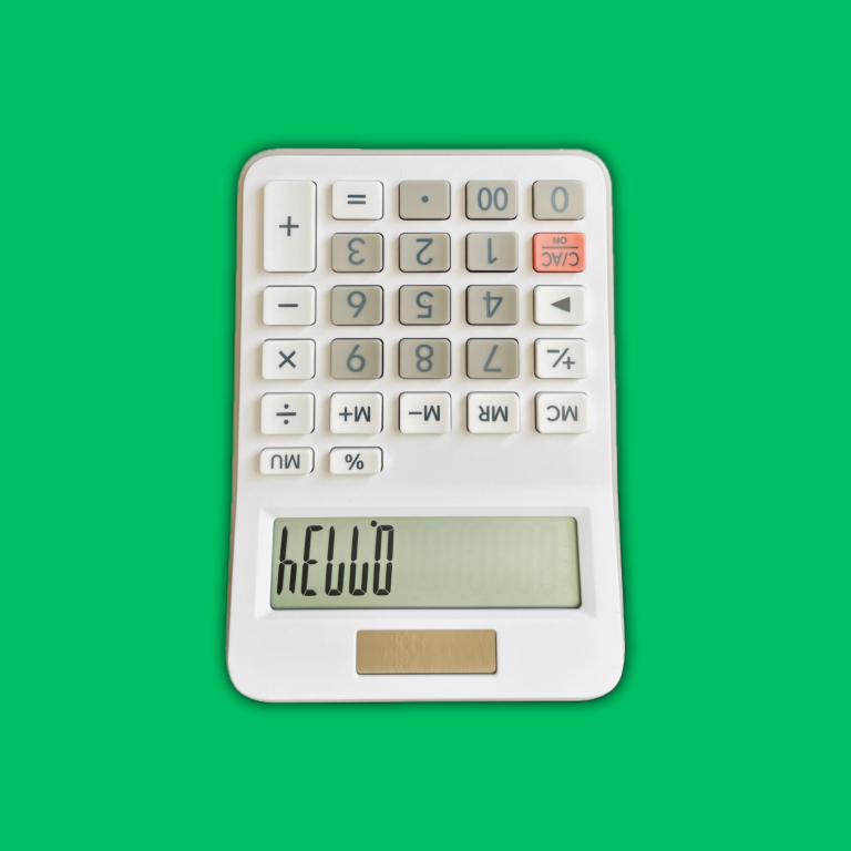 An upside down calculator that reads "Hello".